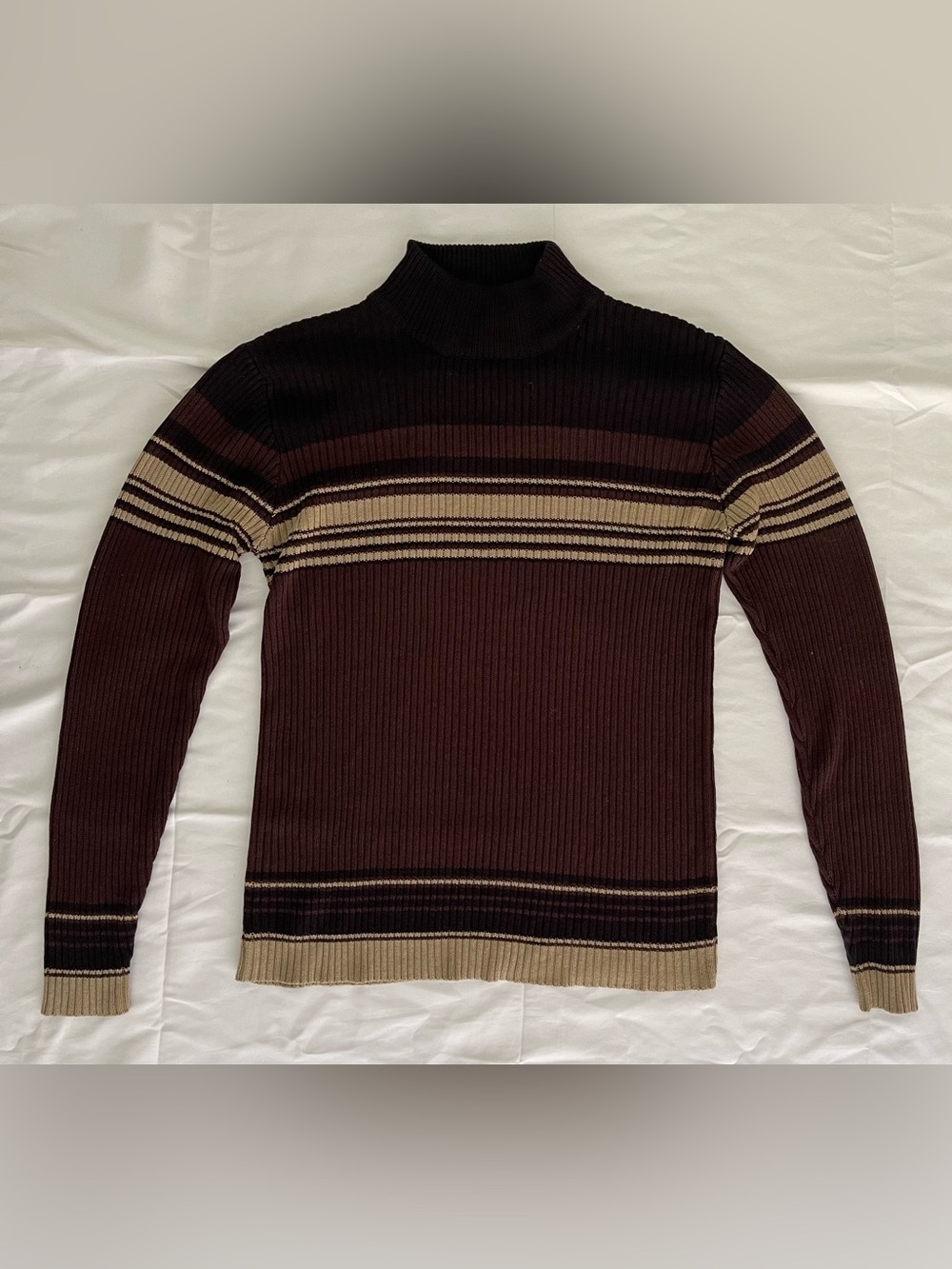 Vintage Ribbed Turtleneck Sweater in Brown and Cream